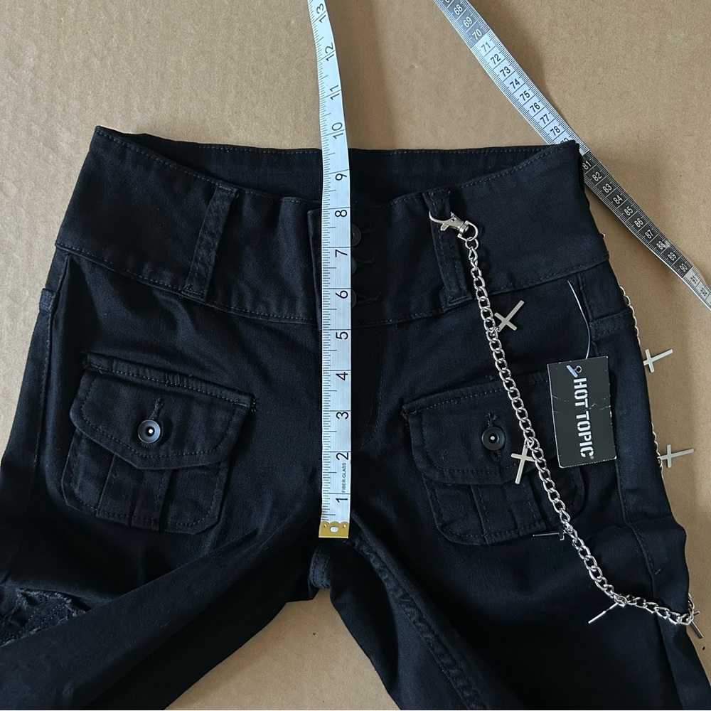 Hot Topic Black Cross Patch Side Chain Flare Pants Sz 3 Low Rise Gothic Stretch - Picture 13 of 16